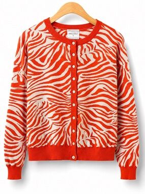 SOHO & STELLA Zebra Cardigan Orange White Knit Button Sweater L